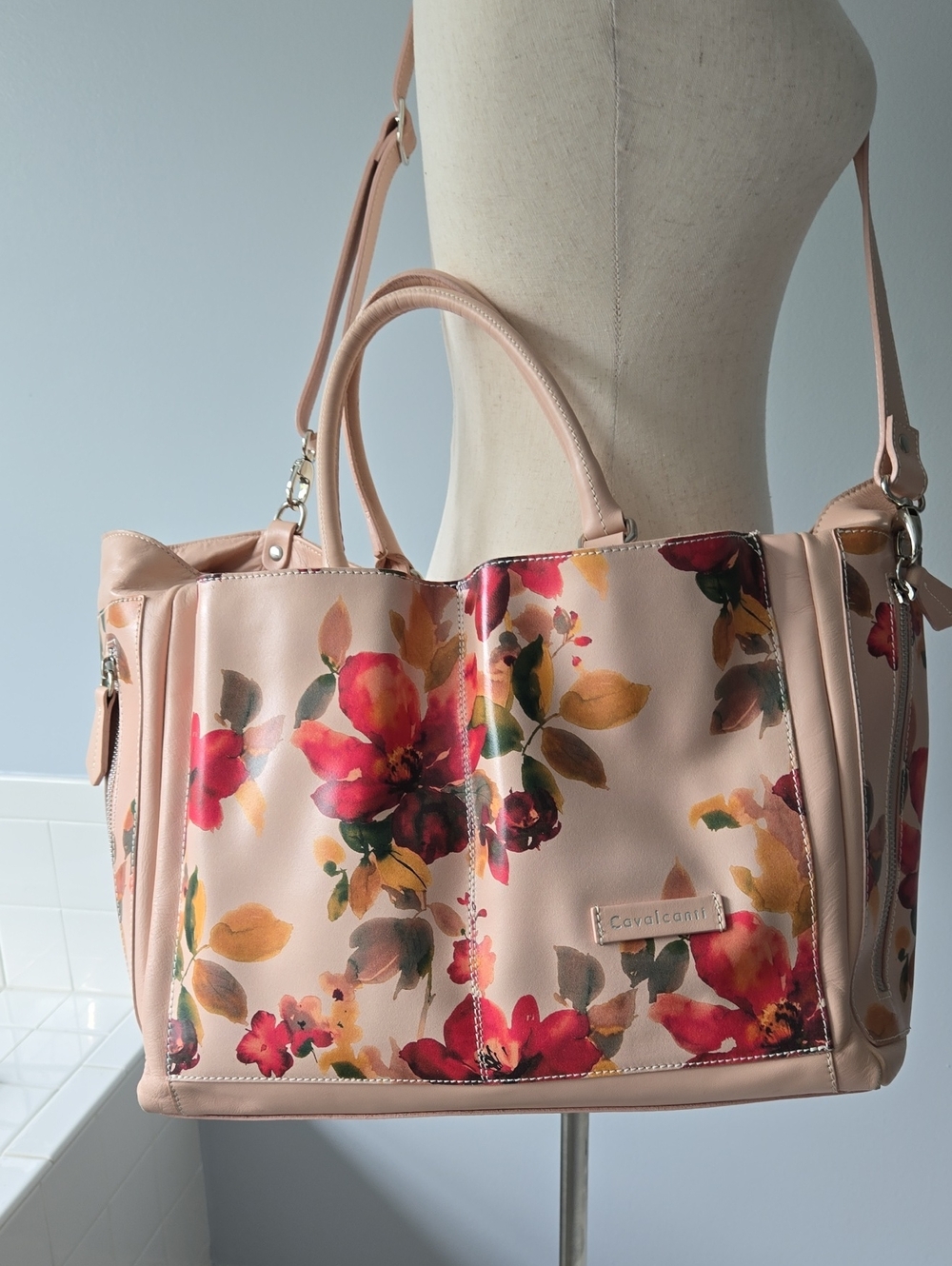 Cavalcanti Italy Large Leather Floral Panel Shoulder Bag/Tote Blush Pink